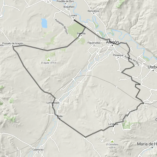 Miniatuurkaart van de fietsinspiratie "Fietsroute La Muela - Épila - Pozuelo de Aragón - El Marinote - Pedrola - Torres de Berrellén" in Aragón, Spain. Gemaakt door de Tarmacs.app fietsrouteplanner