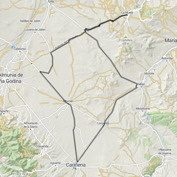 Miniatuurkaart van de fietsinspiratie "Historische route via Cariñena" in Aragón, Spain. Gemaakt door de Tarmacs.app fietsrouteplanner