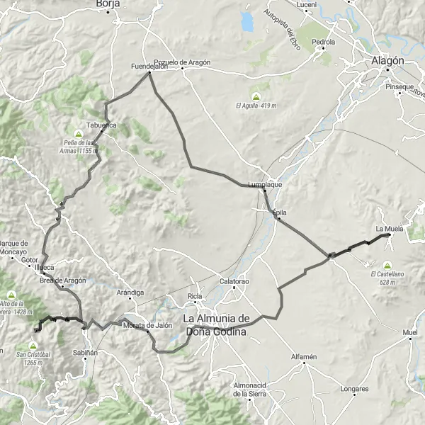 Karten-Miniaturansicht der Radinspiration "La Muela-Baldío Radrundtour" in Aragón, Spain. Erstellt vom Tarmacs.app-Routenplaner für Radtouren