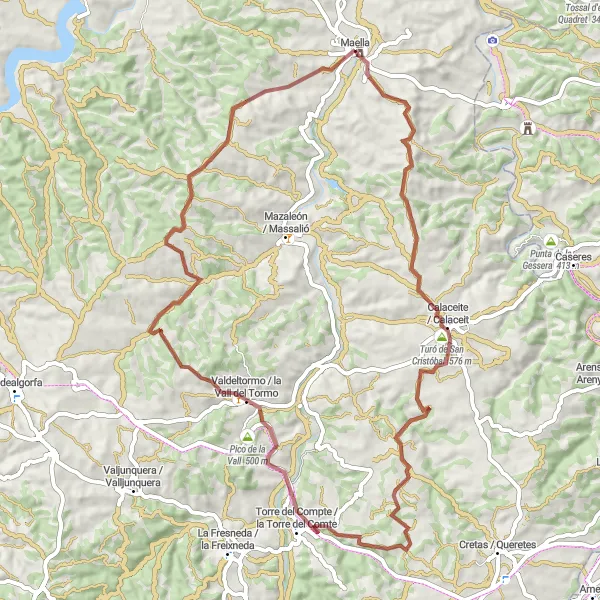 Map miniature of "Gravel Adventure to Calaceite" cycling inspiration in Aragón, Spain. Generated by Tarmacs.app cycling route planner