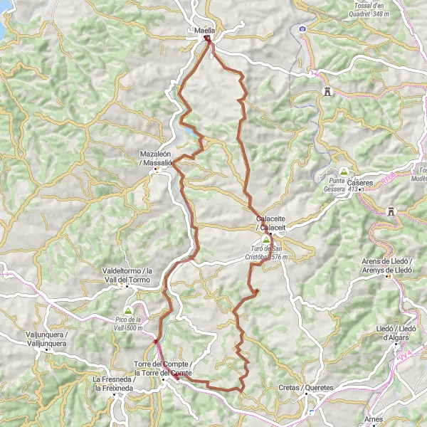 Karten-Miniaturansicht der Radinspiration "Rundtour nach Calaceite und Torre del Compte" in Aragón, Spain. Erstellt vom Tarmacs.app-Routenplaner für Radtouren