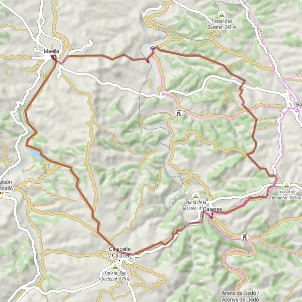 Miniatura della mappa di ispirazione al ciclismo "Giro in bicicletta da Maella" nella regione di Aragón, Spain. Generata da Tarmacs.app, pianificatore di rotte ciclistiche