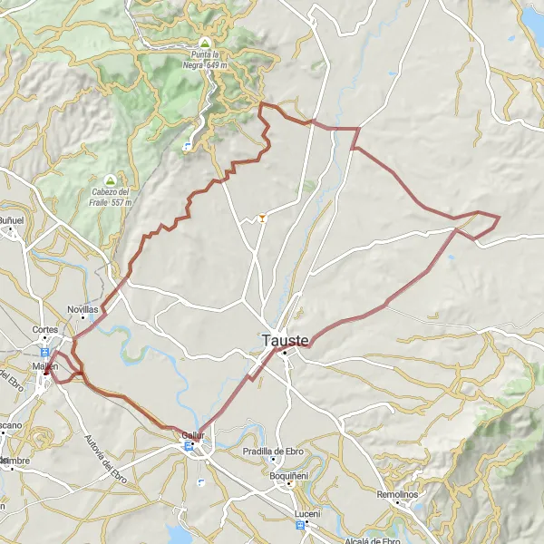 Miniatua del mapa de inspiración ciclista "Ruta de Novillas a Mallén" en Aragón, Spain. Generado por Tarmacs.app planificador de rutas ciclistas