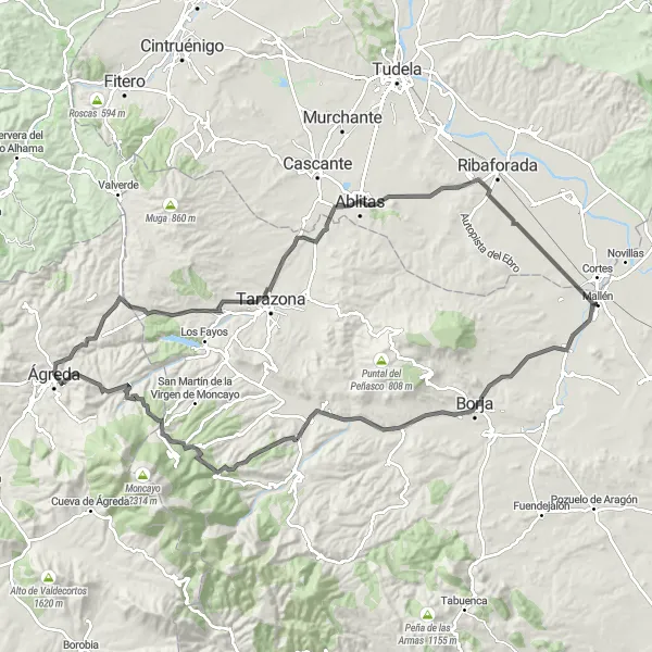 Map miniature of "The Borja and Vera de Moncayo Loop" cycling inspiration in Aragón, Spain. Generated by Tarmacs.app cycling route planner