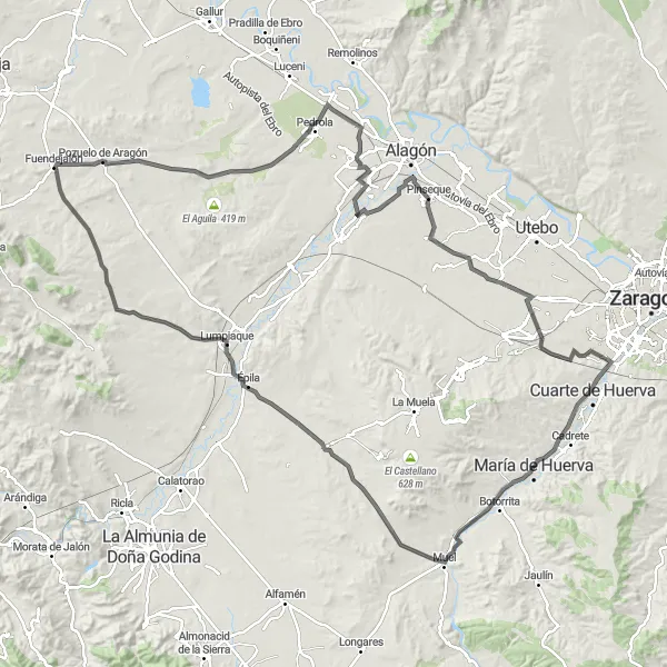 Miniatura della mappa di ispirazione al ciclismo "Tour in bicicletta su strada tra María de Huerva e le città circostanti" nella regione di Aragón, Spain. Generata da Tarmacs.app, pianificatore di rotte ciclistiche