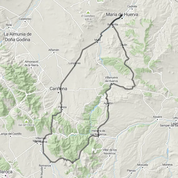 Miniatua del mapa de inspiración ciclista "Ruta de las Hoces del Huerva en carretera" en Aragón, Spain. Generado por Tarmacs.app planificador de rutas ciclistas