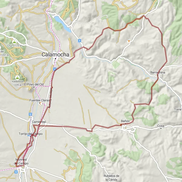 Miniatuurkaart van de fietsinspiratie "Avontuurlijke gravelrit van 73 km van Monreal del Campo naar verschillende hoogtepunten" in Aragón, Spain. Gemaakt door de Tarmacs.app fietsrouteplanner