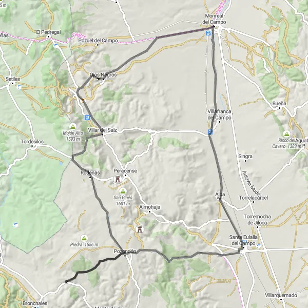 Miniatua del mapa de inspiración ciclista "Ruta en Carretera de Monreal del Campo a Torre Cimera" en Aragón, Spain. Generado por Tarmacs.app planificador de rutas ciclistas