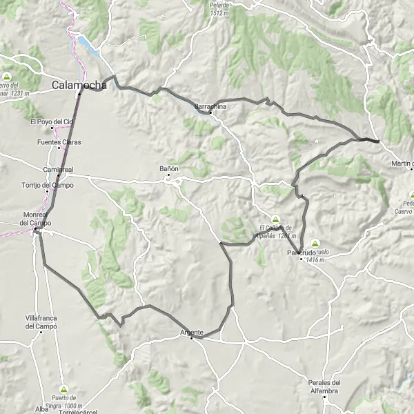 Miniatuurkaart van de fietsinspiratie "Uitdagende rit van 121 km van Monreal del Campo naar verschillende hoogtepunten" in Aragón, Spain. Gemaakt door de Tarmacs.app fietsrouteplanner