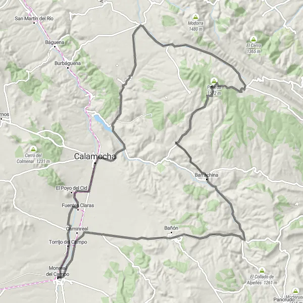 Miniaturní mapa "Road Bueña Circuit" inspirace pro cyklisty v oblasti Aragón, Spain. Vytvořeno pomocí plánovače tras Tarmacs.app