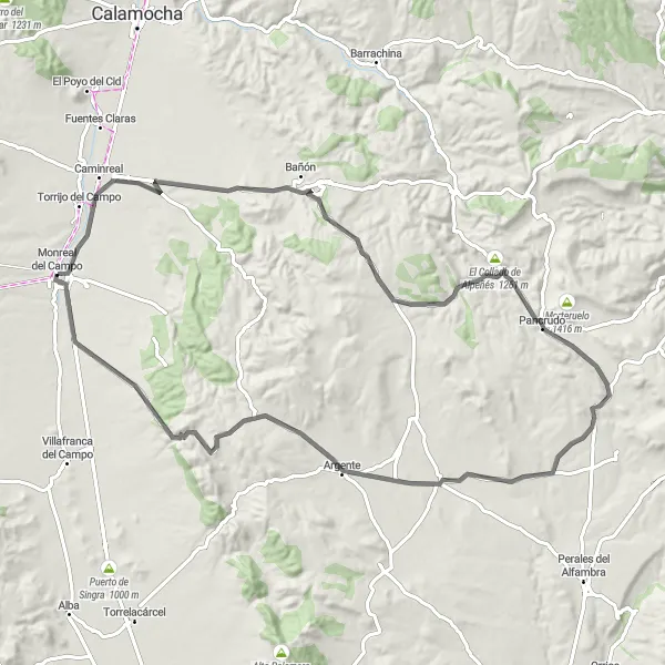 Miniatuurkaart van de fietsinspiratie "Rondrit van 88 km van Monreal del Campo naar verschillende bezienswaardigheden" in Aragón, Spain. Gemaakt door de Tarmacs.app fietsrouteplanner