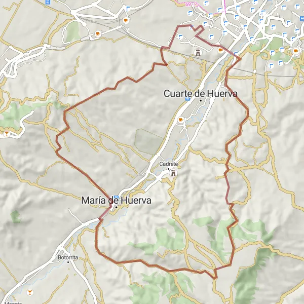 Miniatua del mapa de inspiración ciclista "Ruta de Grava alrededor de Montecanal" en Aragón, Spain. Generado por Tarmacs.app planificador de rutas ciclistas