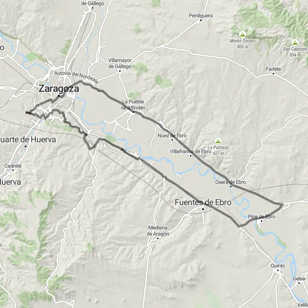 Miniaturekort af cykelinspirationen "Historic Road Cycling Journey to Fuentes de Ebro" i Aragón, Spain. Genereret af Tarmacs.app cykelruteplanlægger