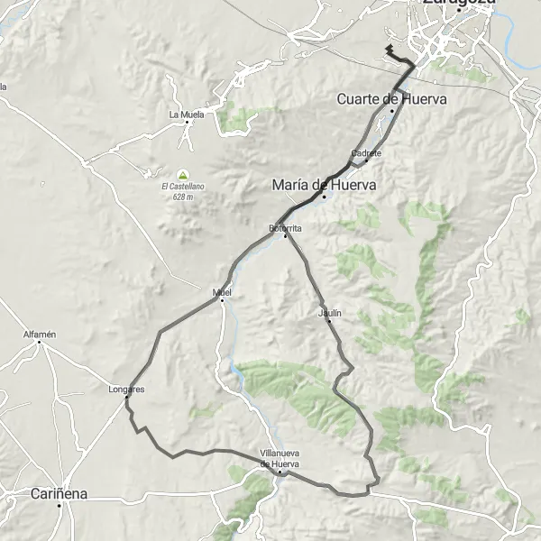 Miniatua del mapa de inspiración ciclista "Ruta Montecanal - Cuarte de Huerva - Jaulín - Fuendetodos - Longares - María de Huerva - Montecanal" en Aragón, Spain. Generado por Tarmacs.app planificador de rutas ciclistas