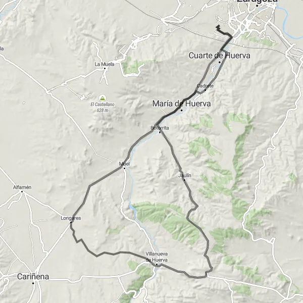 Miniatura della mappa di ispirazione al ciclismo "Spedizione in bicicletta da Cuarte de Huerva a María de Huerva" nella regione di Aragón, Spain. Generata da Tarmacs.app, pianificatore di rotte ciclistiche