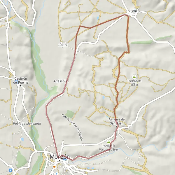 Miniatura della mappa di ispirazione al ciclismo "Avventura ciclistica intorno a Monzón" nella regione di Aragón, Spain. Generata da Tarmacs.app, pianificatore di rotte ciclistiche