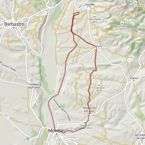 Miniatura della mappa di ispirazione al ciclismo "Giro in bicicletta tra Monzón e i dintorni" nella regione di Aragón, Spain. Generata da Tarmacs.app, pianificatore di rotte ciclistiche