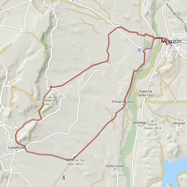 Map miniature of "Monzón - Tozal de las Tres Uegas Gravel Route" cycling inspiration in Aragón, Spain. Generated by Tarmacs.app cycling route planner