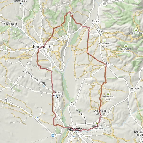 Miniatura della mappa di ispirazione al ciclismo "Giro in bicicletta a Monzón e dintorni" nella regione di Aragón, Spain. Generata da Tarmacs.app, pianificatore di rotte ciclistiche