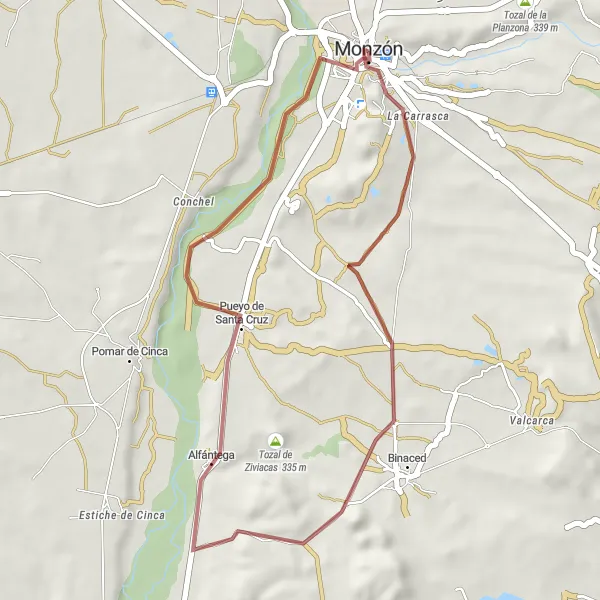 Miniatura della mappa di ispirazione al ciclismo "Giro in bicicletta tra Monzón e Alfántega" nella regione di Aragón, Spain. Generata da Tarmacs.app, pianificatore di rotte ciclistiche