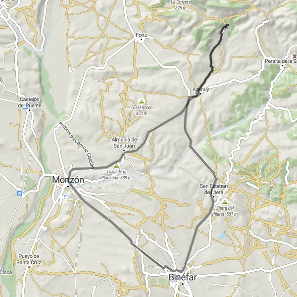 Miniatura della mappa di ispirazione al ciclismo "Giro in bicicletta tra Montagne e Villaggi" nella regione di Aragón, Spain. Generata da Tarmacs.app, pianificatore di rotte ciclistiche