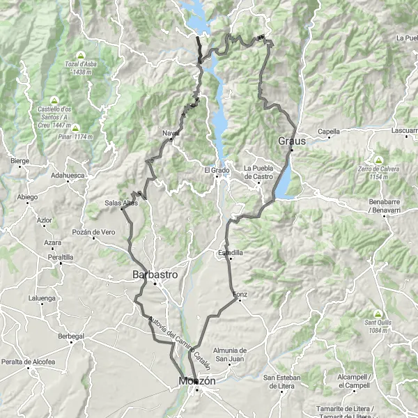 Miniatura della mappa di ispirazione al ciclismo "Giro epico attraverso le montagne e la campagna vicino a Monzón" nella regione di Aragón, Spain. Generata da Tarmacs.app, pianificatore di rotte ciclistiche