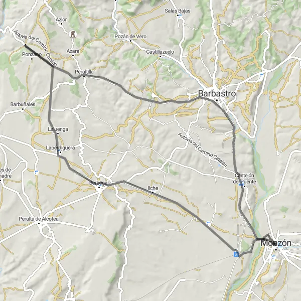 Miniatura della mappa di ispirazione al ciclismo "Cicloturismo tra Monzón e luoghi storici" nella regione di Aragón, Spain. Generata da Tarmacs.app, pianificatore di rotte ciclistiche