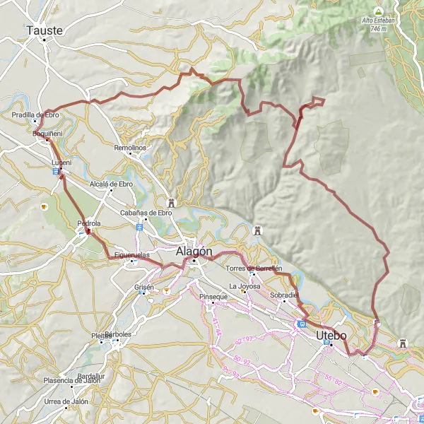 Miniatuurkaart van de fietsinspiratie "Gravelroute door Boquiñeni, Alfocea en Alagón" in Aragón, Spain. Gemaakt door de Tarmacs.app fietsrouteplanner