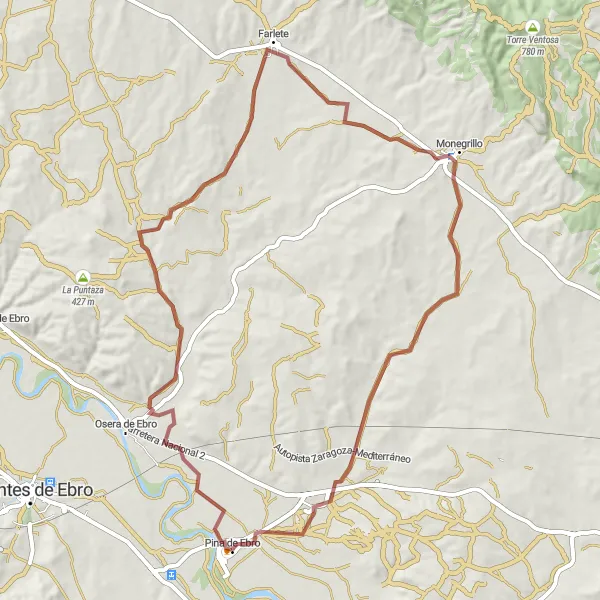 Miniatuurkaart van de fietsinspiratie "Verbluffende graveltocht naar Monegrillo" in Aragón, Spain. Gemaakt door de Tarmacs.app fietsrouteplanner