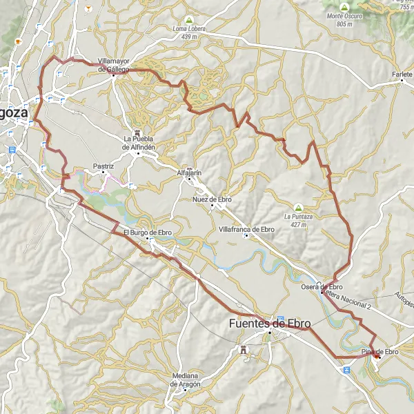 Miniatua del mapa de inspiración ciclista "Ruta de Grava Pina de Ebro - Aragón" en Aragón, Spain. Generado por Tarmacs.app planificador de rutas ciclistas