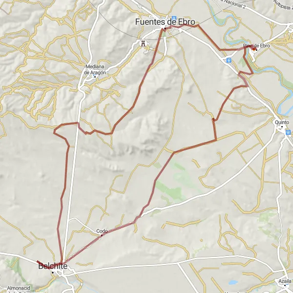 Miniatura della mappa di ispirazione al ciclismo "Giro in Gravel tra Pina de Ebro e Fuentes de Ebro" nella regione di Aragón, Spain. Generata da Tarmacs.app, pianificatore di rotte ciclistiche