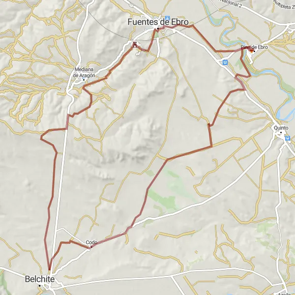 Miniatuurkaart van de fietsinspiratie "Ontdek de uitdagende gravelroutes van Pina de Ebro" in Aragón, Spain. Gemaakt door de Tarmacs.app fietsrouteplanner