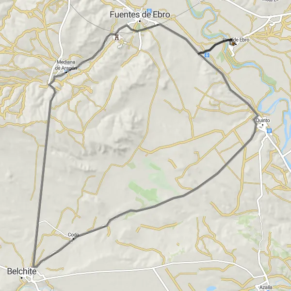 Miniatura della mappa di ispirazione al ciclismo "Il giro via Quinto e Mediana de Aragón" nella regione di Aragón, Spain. Generata da Tarmacs.app, pianificatore di rotte ciclistiche