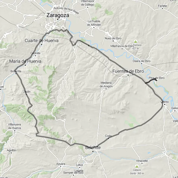 Karten-Miniaturansicht der Radinspiration "Bergiges Roadbiking-Abenteuer rund um Pina de Ebro" in Aragón, Spain. Erstellt vom Tarmacs.app-Routenplaner für Radtouren