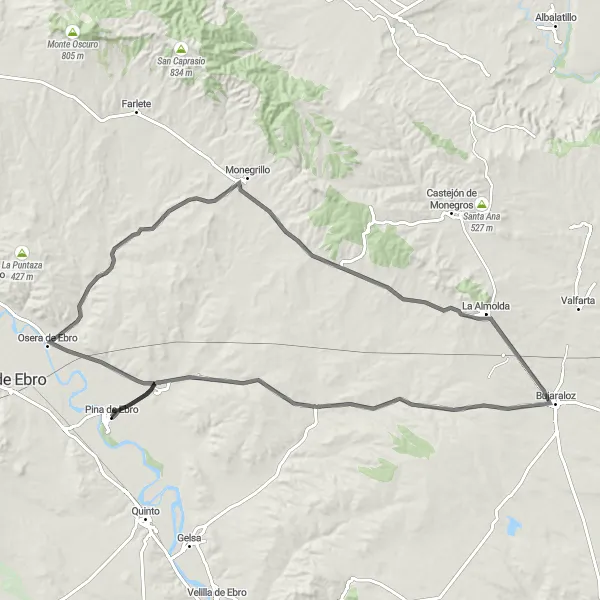 Miniatura della mappa di ispirazione al ciclismo "Giro in bicicletta da Pina de Ebro" nella regione di Aragón, Spain. Generata da Tarmacs.app, pianificatore di rotte ciclistiche