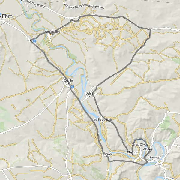 Miniature de la carte de l'inspiration cycliste "Les chemins de Pina de Ebro" dans la Aragón, Spain. Générée par le planificateur d'itinéraire cycliste Tarmacs.app