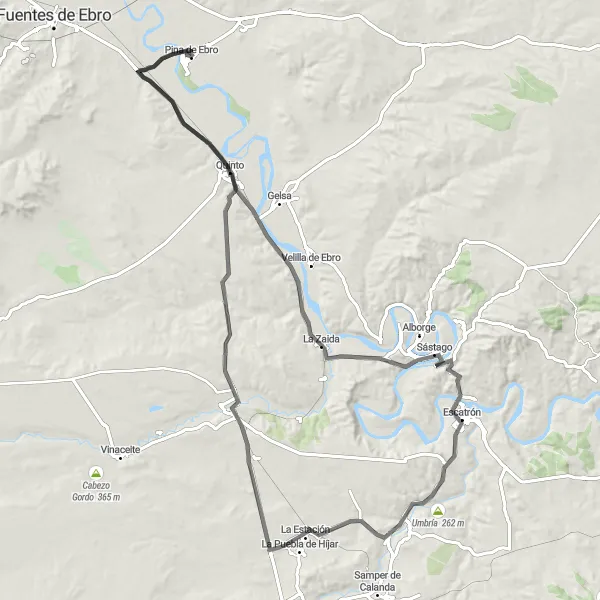Miniatua del mapa de inspiración ciclista "Ruta de Ciclismo de Sástago" en Aragón, Spain. Generado por Tarmacs.app planificador de rutas ciclistas