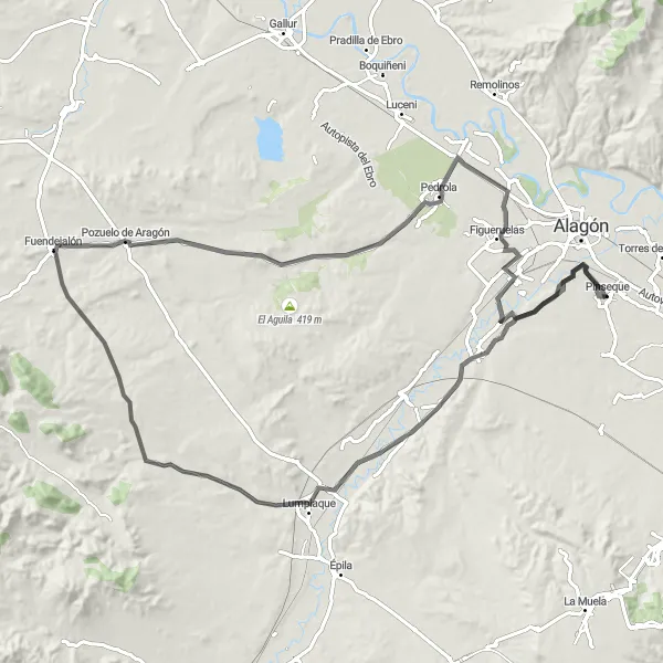 Miniatura della mappa di ispirazione al ciclismo "Giro in Bici da Bardallur a Grisén" nella regione di Aragón, Spain. Generata da Tarmacs.app, pianificatore di rotte ciclistiche