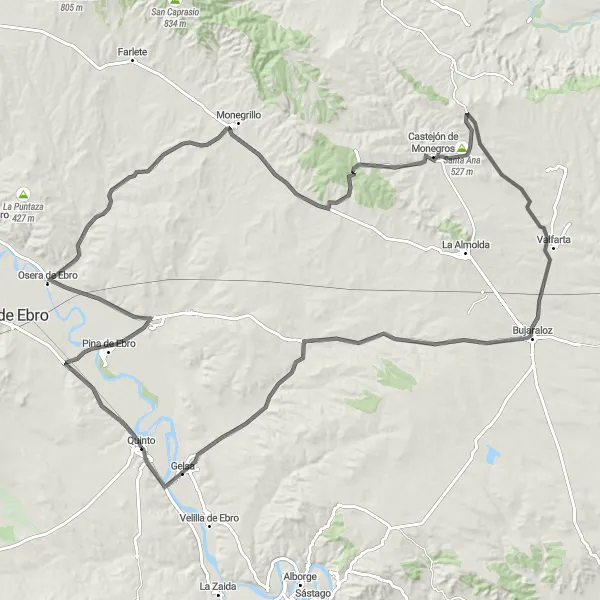 Miniaturní mapa "Cyklistická trasa kolem Quinto" inspirace pro cyklisty v oblasti Aragón, Spain. Vytvořeno pomocí plánovače tras Tarmacs.app