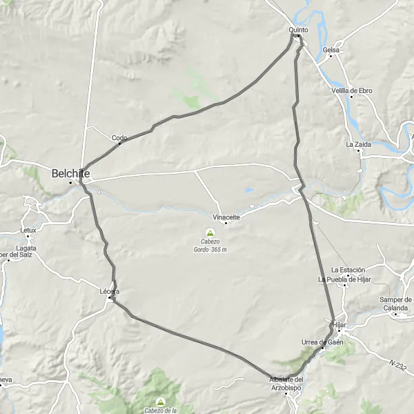 Map miniature of "Azaila Loop" cycling inspiration in Aragón, Spain. Generated by Tarmacs.app cycling route planner