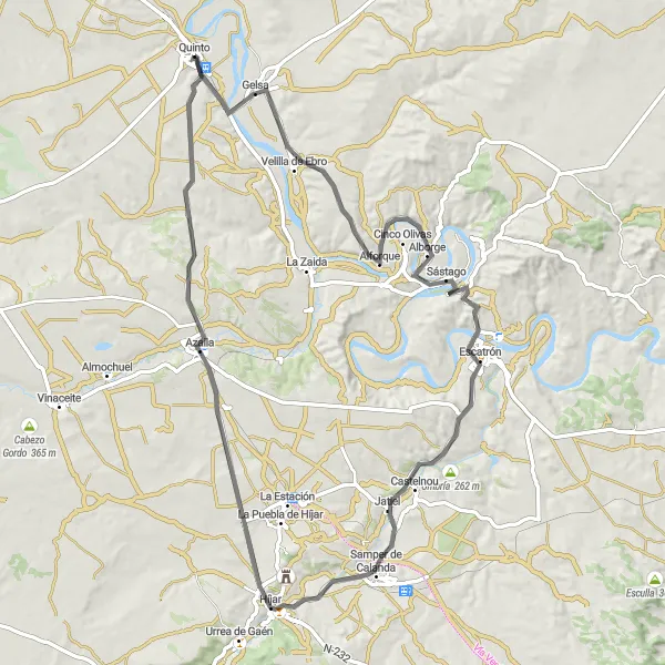 Miniatuurkaart van de fietsinspiratie "Route vanuit Quinto naar Sástago" in Aragón, Spain. Gemaakt door de Tarmacs.app fietsrouteplanner