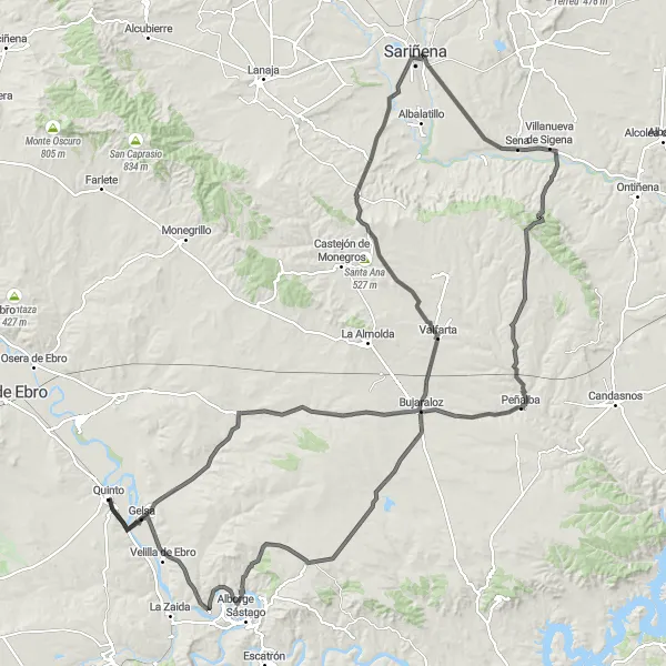Miniature de la carte de l'inspiration cycliste "Tour des Monegros" dans la Aragón, Spain. Générée par le planificateur d'itinéraire cycliste Tarmacs.app