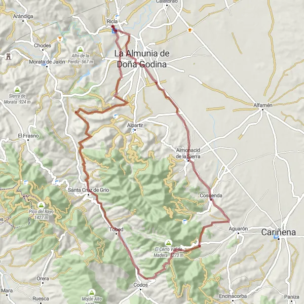 Miniatura della mappa di ispirazione al ciclismo "Giro in bicicletta da Ricla a Santa Cruz de Grío" nella regione di Aragón, Spain. Generata da Tarmacs.app, pianificatore di rotte ciclistiche