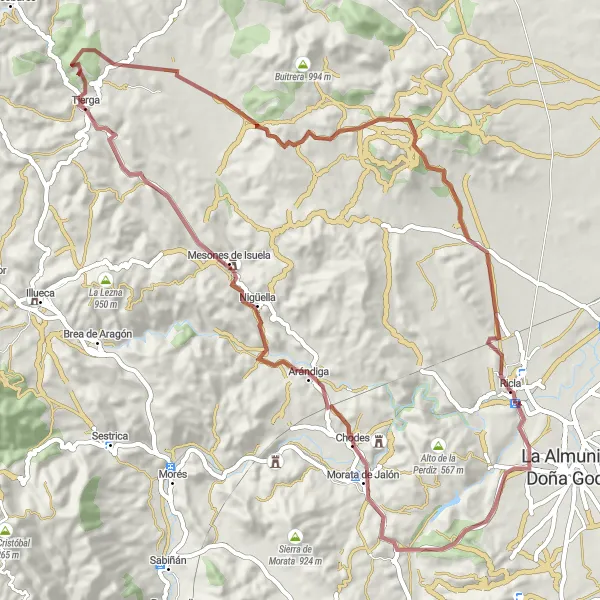 Map miniature of "Gravel Adventure in Ricla and Its Surroundings" cycling inspiration in Aragón, Spain. Generated by Tarmacs.app cycling route planner