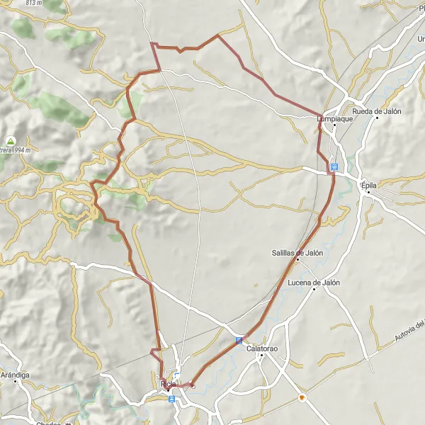 Miniatura della mappa di ispirazione al ciclismo "Percorso in bicicletta Gravel da Peña del Águila a Salillas de Jalón" nella regione di Aragón, Spain. Generata da Tarmacs.app, pianificatore di rotte ciclistiche