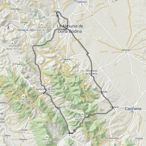 Miniature de la carte de l'inspiration cycliste "Les Collines de Ricla" dans la Aragón, Spain. Générée par le planificateur d'itinéraire cycliste Tarmacs.app