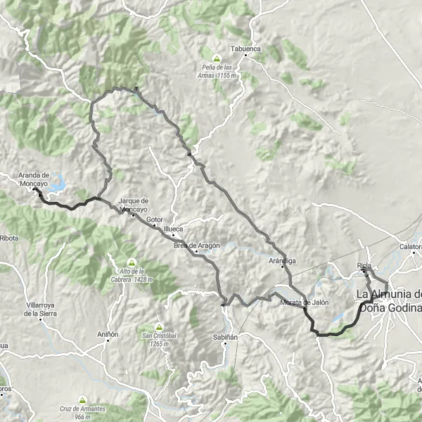 Miniatua del mapa de inspiración ciclista "Gran Ruta por Morata de Jalón, Aranda de Moncayo y Chodes" en Aragón, Spain. Generado por Tarmacs.app planificador de rutas ciclistas