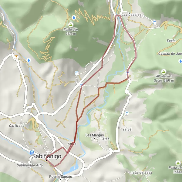 Map miniature of "Discovering Stone Villages: Sabiñánigo to Senegüé" cycling inspiration in Aragón, Spain. Generated by Tarmacs.app cycling route planner