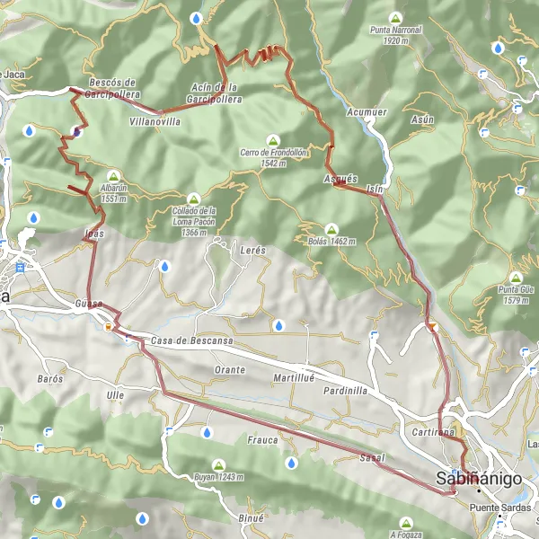 Miniaturní mapa "Gravelový výlet kolem Sabiñániga" inspirace pro cyklisty v oblasti Aragón, Spain. Vytvořeno pomocí plánovače tras Tarmacs.app