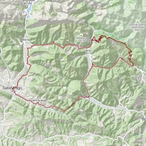 Miniatura della mappa di ispirazione al ciclismo "Giro in bicicletta da Sabiñánigo a Sarvisé" nella regione di Aragón, Spain. Generata da Tarmacs.app, pianificatore di rotte ciclistiche